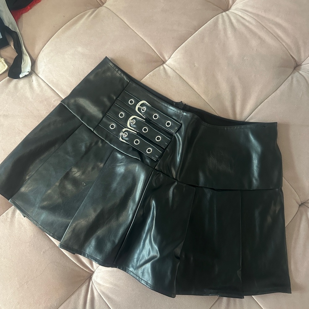 Black Faux Leather Mini Skirt with Grommet Detail